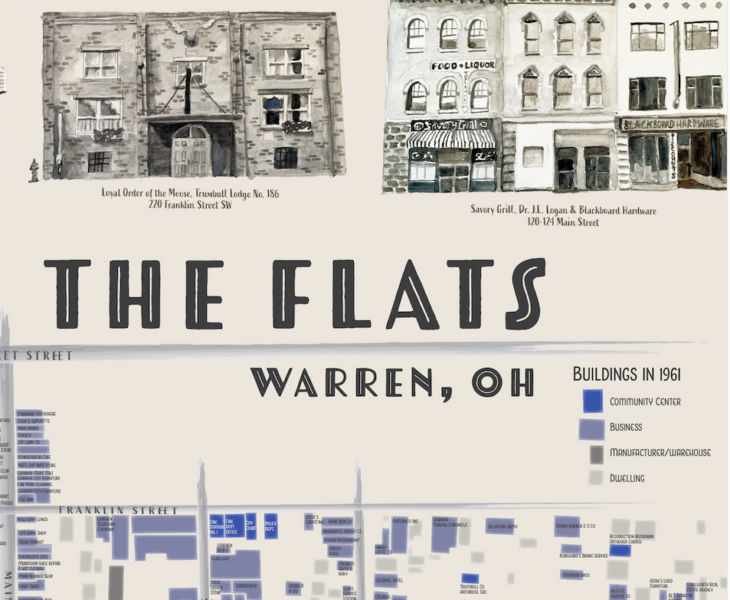 A portion of The Flats map showing buildings painted in watercolor that were demolished in urban renewal.